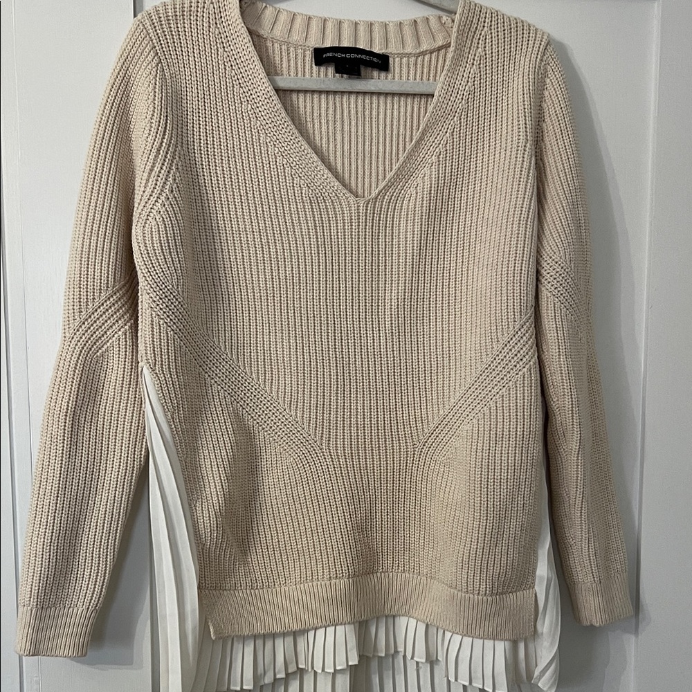 French Connection Cream V-Neck Sweater with Pleated Hem
